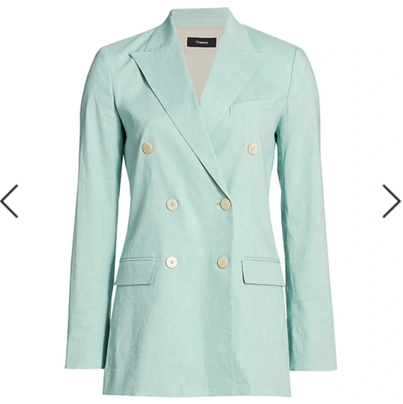 Theory Double Breasted Tailored Linen blend Jacket Blazer in Sky size 2 - Picture 1 of 17